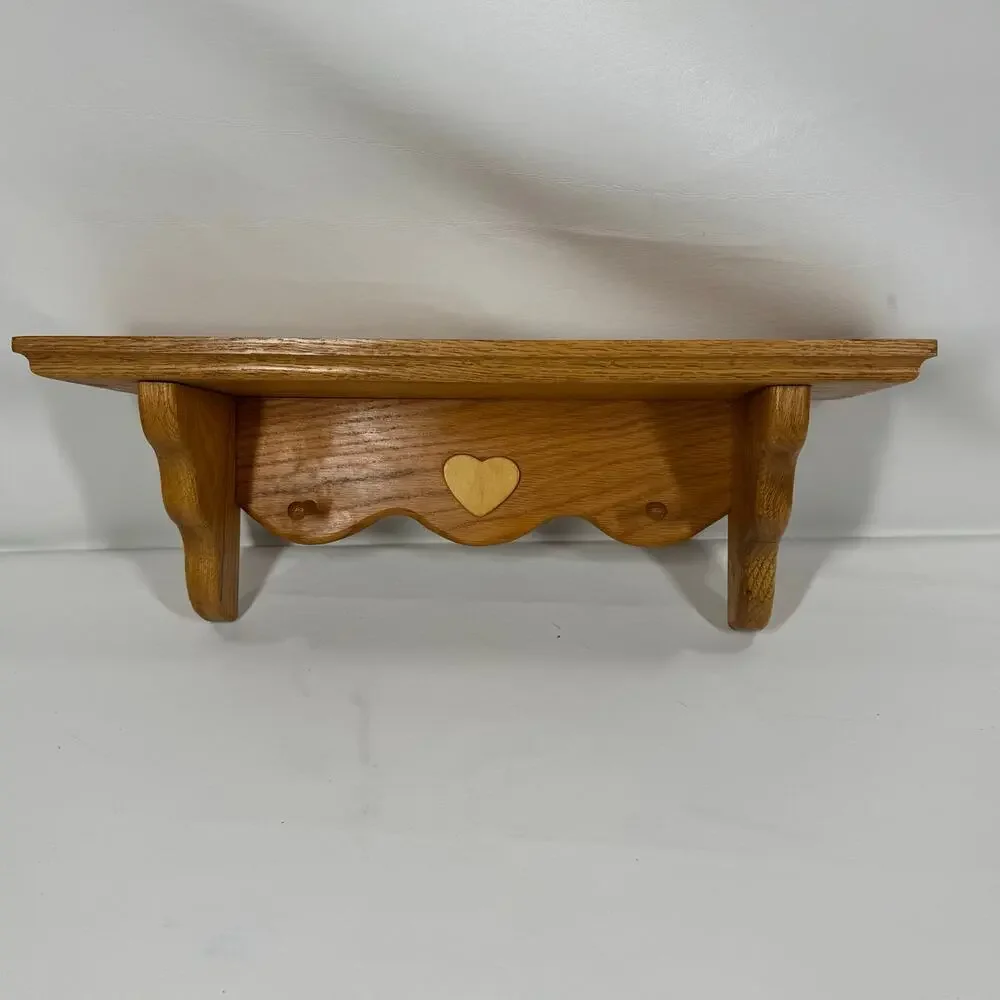 Vintage Solid Oak Wall Shelf Heart Inlay Peg Rack Country Farmhouse Plate Cutout